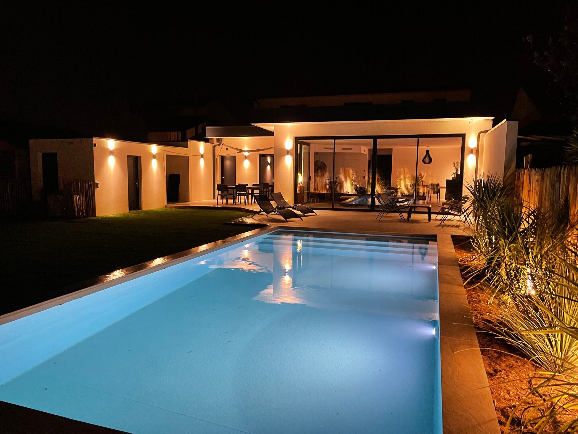 Espace extérieur structuré avec plantations, terrasse et éclairage paysager